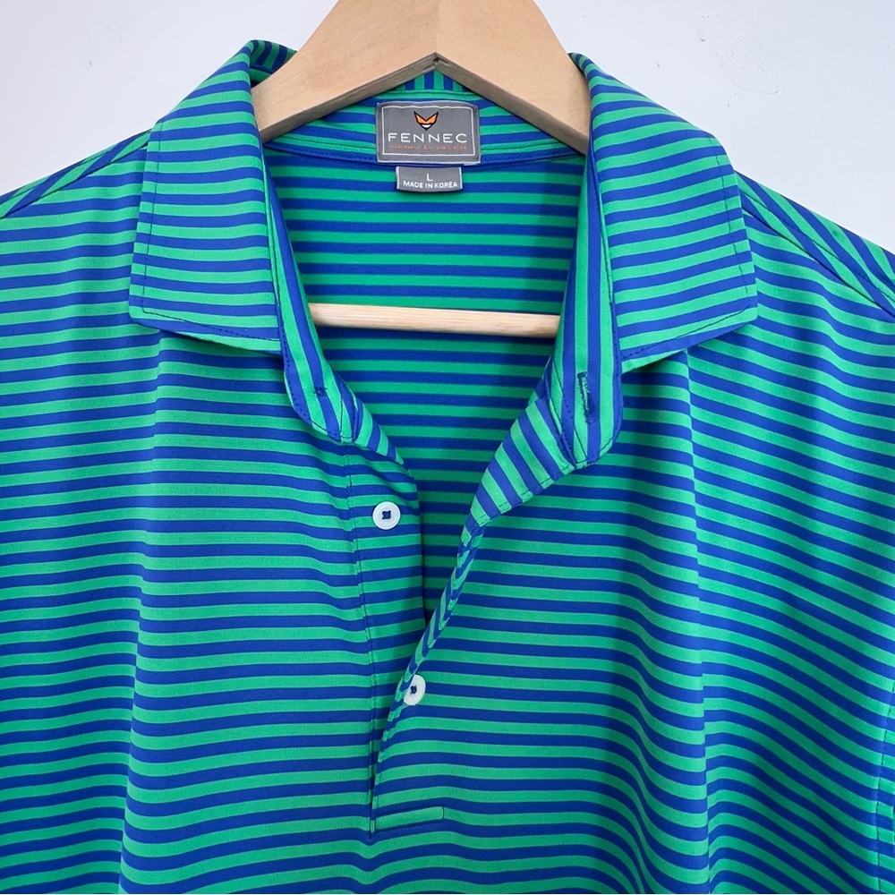 ✅Fennec Golf Shirt Mens L large Green blue Striped Short Sleeve Stretch Polo tee